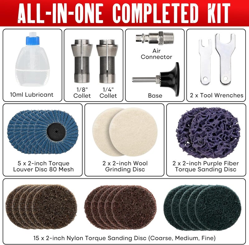 SHALL Right Angle Die Grinder, 90 Degree, 1/4" & 1/8" Collets, 24PCS Sanding Discs, Air Connector, Lubricant and Chuck Key Included, for Grinding, Polishing, Deburring, Engraving and Rust Removal - Image 2